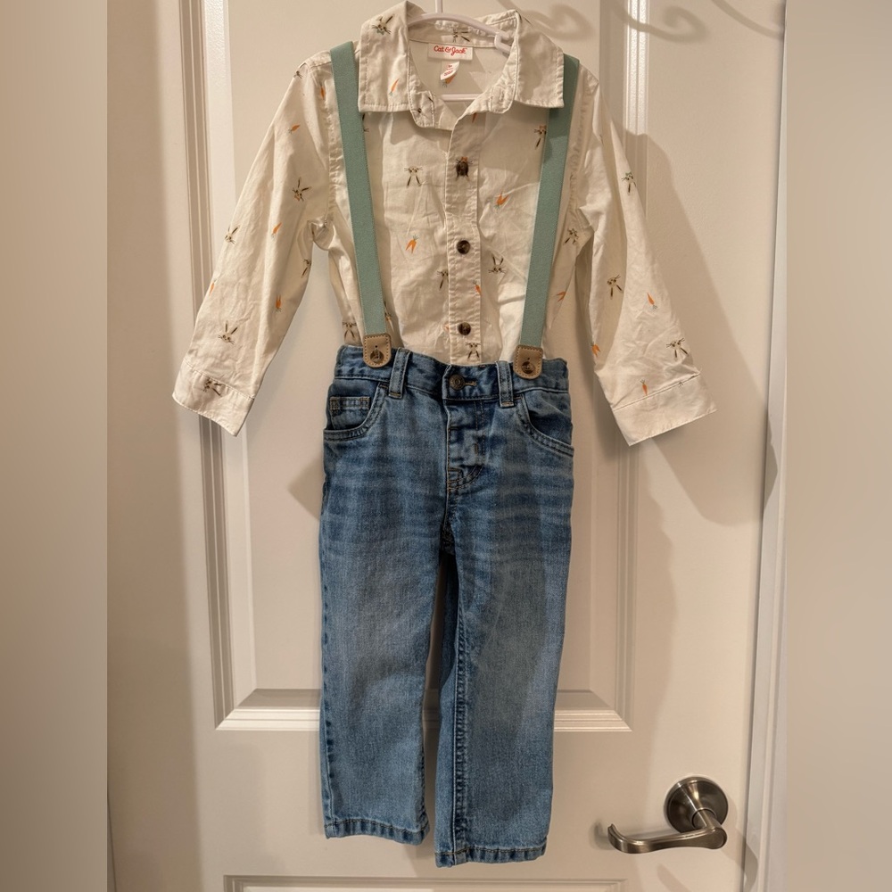 Cat & Jack Easter Button Down with Jeans and Suspenders